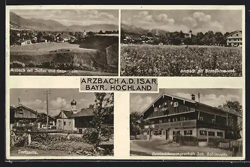 AK Arzbach /Isar, Gemischtwaren J. Schönweitz, Ortspartie, Ortsansichten mit Bergen