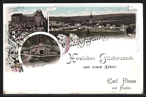 Lithographie Bischofsgrün, Weissmannquelle, Schneeberg (Backöfele), Gesamtansicht, Neujahrsgruss Carl Flessa