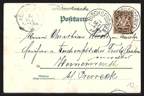Lithographie Bischofsgrün, Weissmannquelle, Schneeberg (Backöfele), Gesamtansicht, Neujahrsgruss Carl Flessa