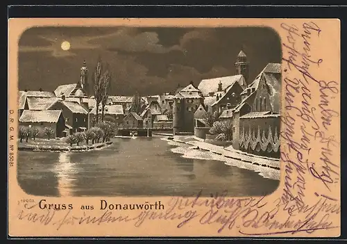 Winter-Lithographie Donauwörth, Ortsansicht bei Vollmond vom Wasser aus