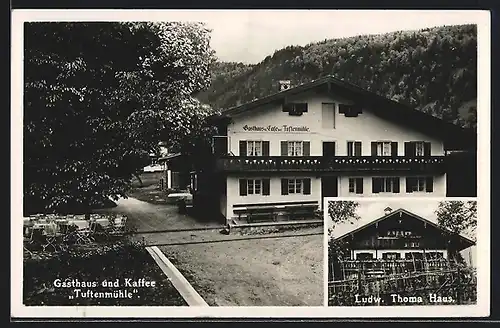 AK Rottach-Egern /Tegernsee, Gasthaus-Kaffee Tuftenmühle mit Garten, Ludwig Thoma Haus