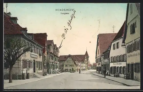 AK Windsheim, Seegasse, Strassenpartie mit Geschäftshäusern und Turm