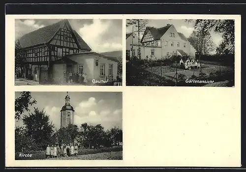 AK Wernsdorf /Krs. Zeitz bei Kayna, Gasthof von Albert Rudolph, Gartenansicht, Kirche