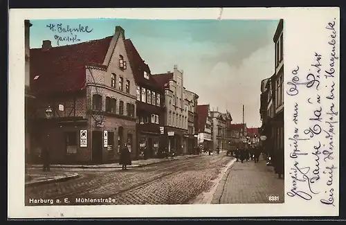 AK Harburg a. E., Mühlenstrasse mit Geschäften