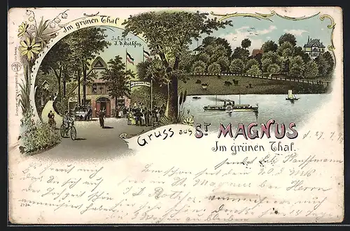 Lithographie St. Magnus, Gasthaus im grünen Thal, Uferpartie mit Dampfer