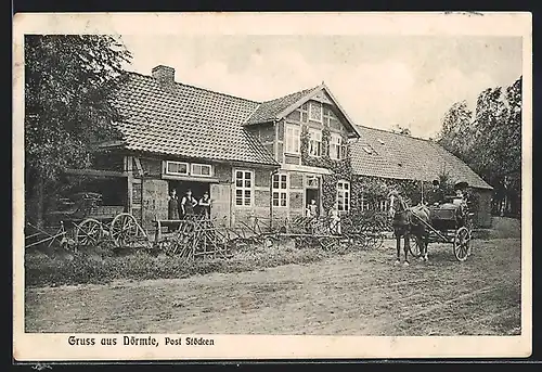 AK Dörmte bei Stöcken, Bauernhaus mit Einwohnern, Strassenansicht mit Kutsche