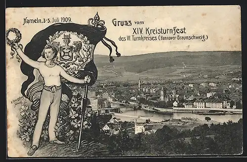 AK Hannover-Braunschweig, XIV. Kreisturnfest 1909, Teilansicht, Turner mit Fahne