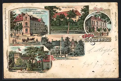 Lithographie Lauenau, Gasthaus zum deutschen Hausem Schlösser, Königl. Domaine, Post