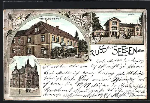 Lithographie Seesen a. Harz, Hotel Dömeland, Bahnhof, Post
