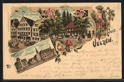 Lithographie Uelzen, Gasthaus Fischerhof, Hotel Deutsches Haus