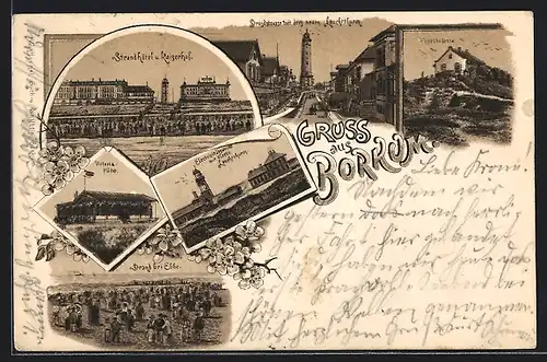 Lithographie Borkum, Strandhotel und Kaiserhof, Victoria-Höhe, Vogelkolonie, Leuchtturm
