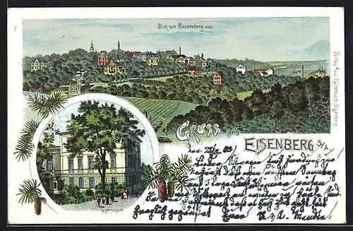 Lithographie Eisenberg /S.-A., Gymnasium, Blick auf den Ort vom Bauernberg aus