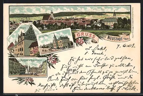 Lithographie Neustadt a. Orla, Rathaus, Bahnhofstrasse, Marktplatz mit Kriegerdenkmal