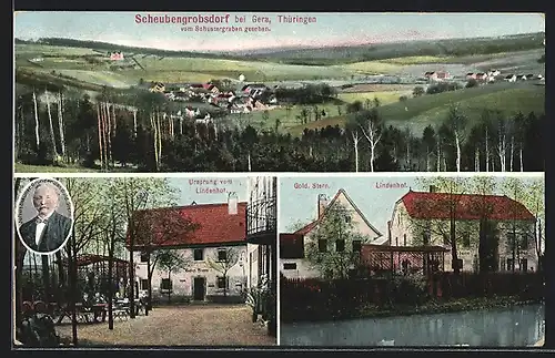 AK Scheubengrobsdorf / Thüringen, Gasthaus Lindenhof und zum goldenen Stern, Panorama