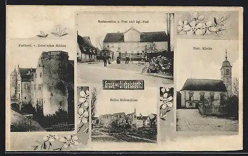 AK Giebelstadt, Restaurant zur Post und königliche Post, Ruine Geierschloss, Protestantische Kirche