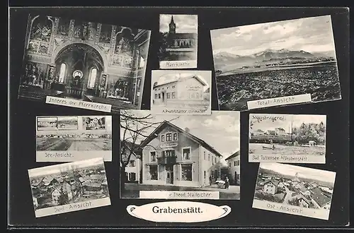 AK Grabenstätt, Geschäft von Theod. Stalleicher, Uhrmacher A. Prandstätter, Pfarrkirche