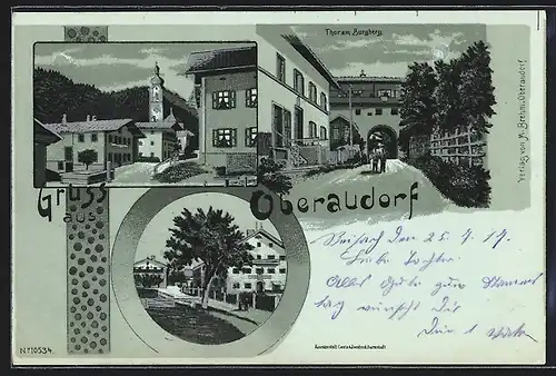 Mondschein-Lithographie Oberaudorf, Thor am Burgberg, Strassenpartie mit Kirche