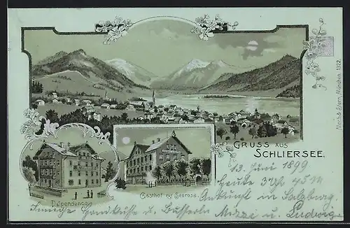 Mondschein-Lithographie Schliersee, Gasthof zur Seerose, Dependence