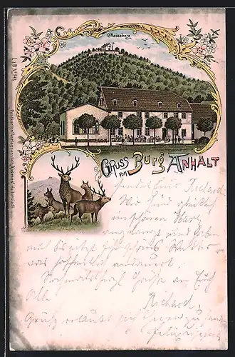 Lithographie Meisdorf, Burg Anhalt, Hirsche