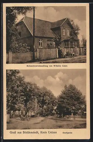 AK Böddenstedt b. Uelzen, Dorfpartie, Kolonialwarenhandlung Cohrs