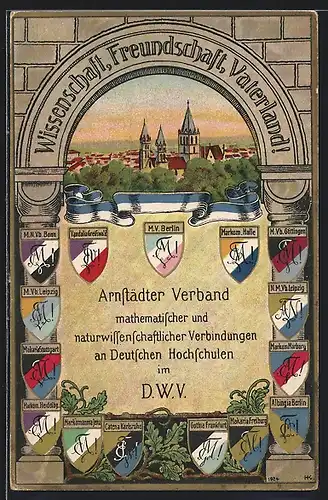 Lithographie Arnstadt, Studentenwappen Arnstädter Verband mathematischer & naturwissenschaftl. Verbindungen