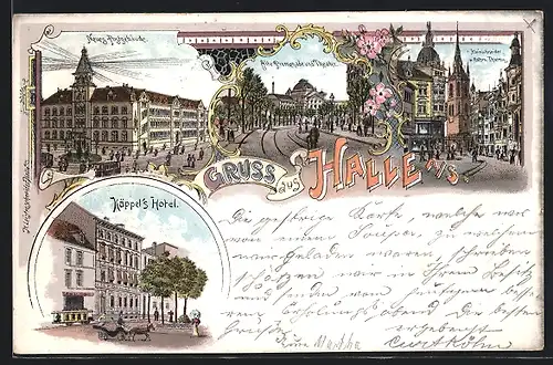 Lithographie Halle a / S., Käppel`s Hotel, Kleinschneider u. Roter Turm, Alte Promenade und Theater