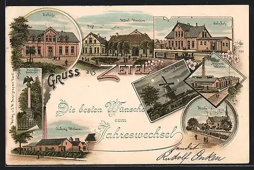 Lithographie Zetel, Hotel Hemken, Meynens Weberei, Bahnhof