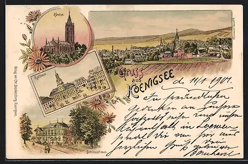 Lithographie Koenigsee, Blick auf Kirche und Rathaus