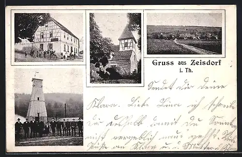 AK Zeisdorf i. Th., Gasthaus, Kirche, Totalansicht