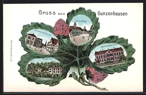 Passepartout-Lithographie Gunzenhausen, Strasse Schranne mit Realschule, Distrikts-Krankenhaus