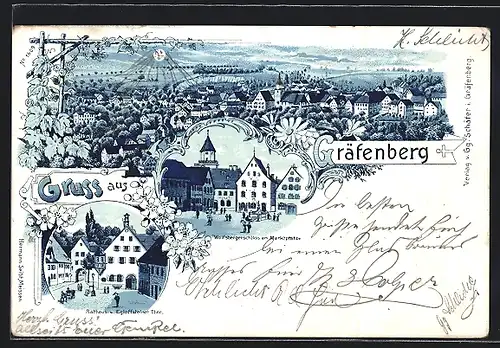 Mondschein-Lithographie Gräfenberg, Wolfsbergerschloss am Marktplatz, Rathaus