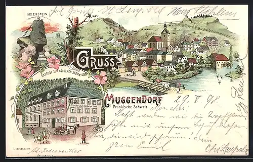 Lithographie Muggendorf /Fränk. Schweiz, Gasthof zum goldenen Stern, Ortsansicht