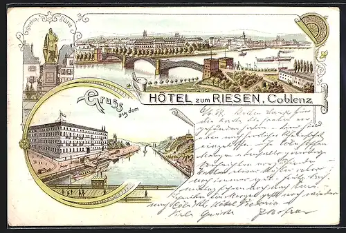 Lithographie Coblenz, Hotel zum Riesen, Ortsansicht mit Brücke