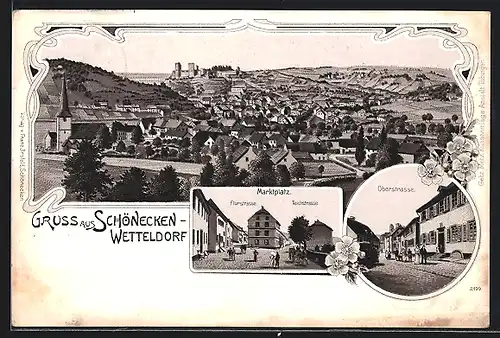 Lithographie Schönecken-Wetteldorf, Marktplatz und zulaufende Strassen
