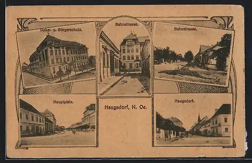 AK Haugsdorf, Bahnstrasse, Volks- & Bürgerschule, Hauptplatz