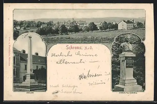 AK Schrems, Am Obelisk, Hamerling Denkmal