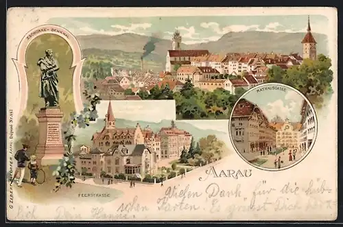 Lithographie Aarau, Zschkke-Denkmal, Ortsansicht, Rathausgasse, Feerstrasse