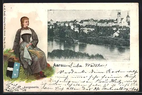 Passepartout-Lithographie Aarau, Ortsansicht vom Wasser, Aarauerin, Wappen