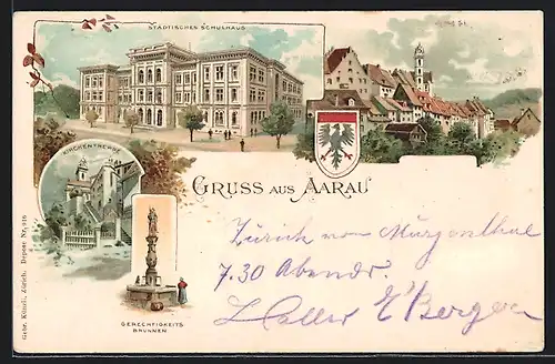 Lithographie Aarau, Städtisches Schulhaus, Kirchentreppe, Wappen