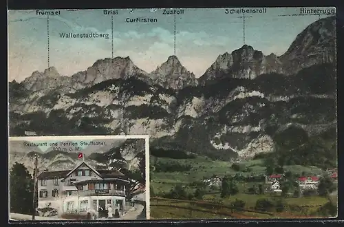 AK Wallenstadtberg, Restaurant-Pension Stauffacher, Ortsansicht mit Berggipfeln