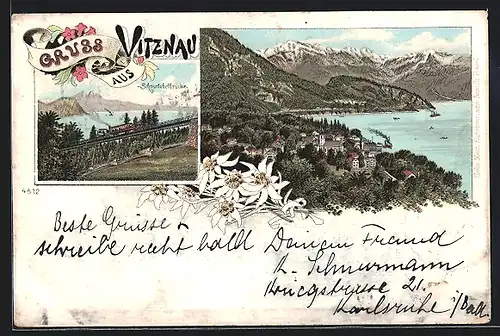 Lithographie Vitznau, Schnurtobelbrücke und Blick in die Berge