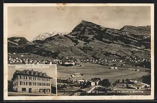 AK Neu St. Johann-Nesslau, Gasthaus-Pension Sonne, Ortsansicht mit Säntis und Stockberg