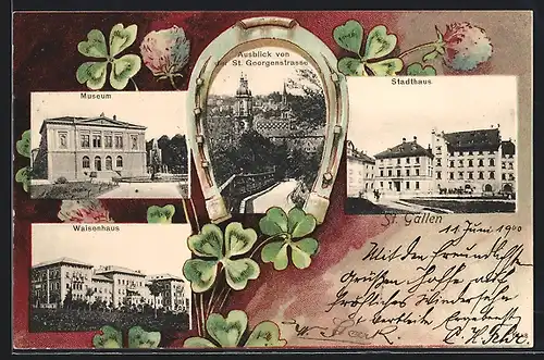 Passepartout-Lithographie St. Gallen, Waisenhaus, Ausblick von der St. Georgstrasse, Museum