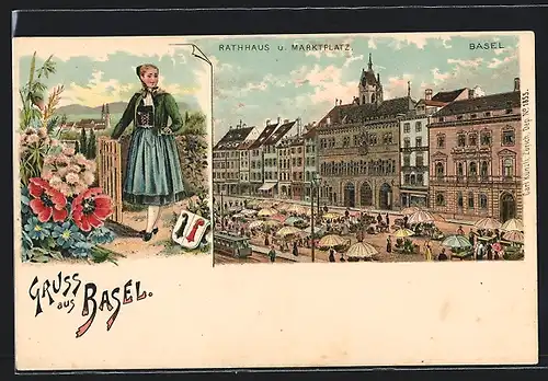 Lithographie Basel, Rathhaus und Marktplatz mit Ständen und Strassenbahn, Baslerin, Wappen