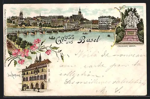 Lithographie Basel, Strassburger Denkmal, Rathaus, Panorama mit Brücke