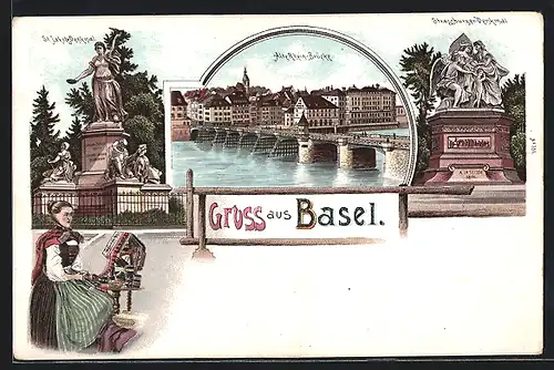 Lithographie Basel, Alte Rhein-Brücke, St. Jakobs-Denkmal, Strassburger-Denkmal