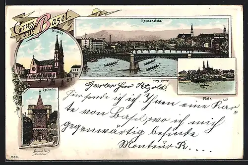 Lithographie Basel, Spalenthor, Münster, Rheinansicht mit Brücke