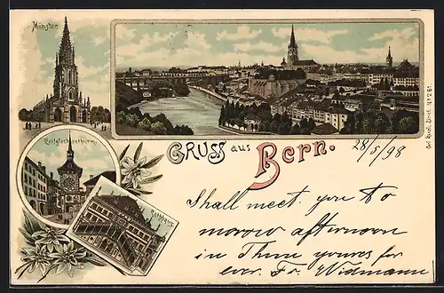 Lithographie Bern, Münster, Zeitglockenturm, Rathaus, Gesamtansicht