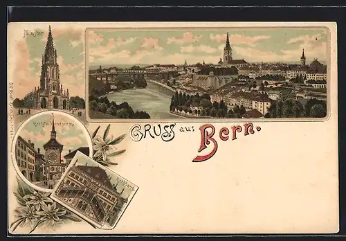 Lithographie Bern, Münster, Zeitglockenturm, Rathaus, Gesamtansicht