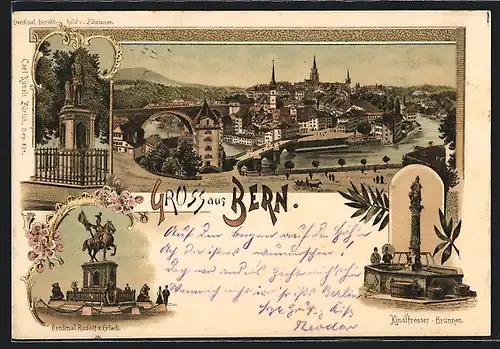 Lithographie Bern, Denkmal Rudolf von Erlach, Kindlfresser-Brunnen, Ortsansicht aus der Vogelschau